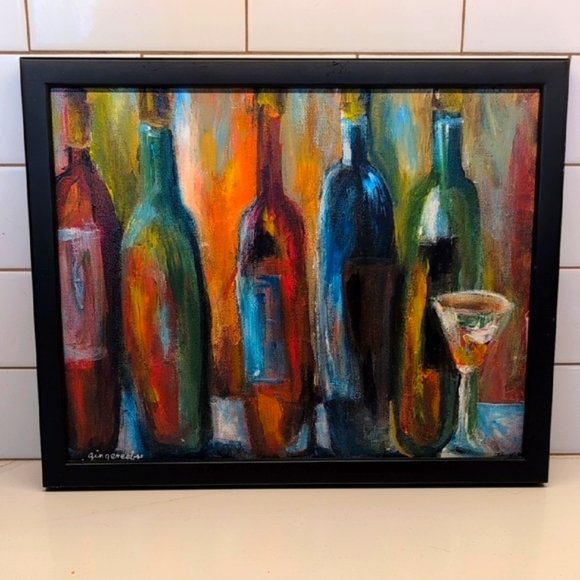 Wine Art On Canvas Signed & Framed Original Acrylic Painting Colorful Abstract - Picture 1 of 16